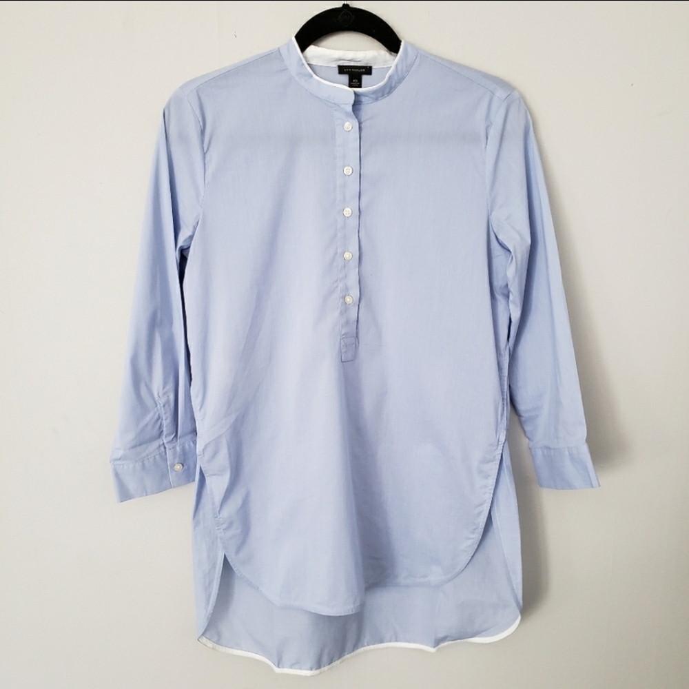 Powder blue tunic blouse curve hem button front